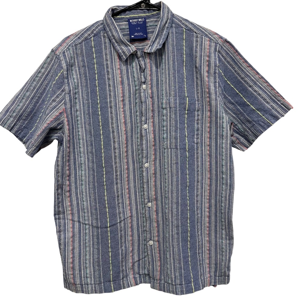 Without Walls Mens Large Blue Stripe Short Sleeve Button Up Shirt Pocket Casual